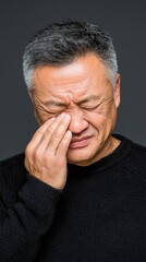 Emotional Mature Man Expressing Pain and Discomfort on Dark Background