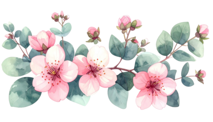 Watercolor illustration of pink flowers and green leaves in a floral arrangement