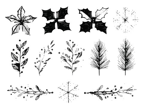 Collezione di elementi decorativi natalizi e invernali disegnati a mano con inchiostro, perfetti per design trasparente e festivo.