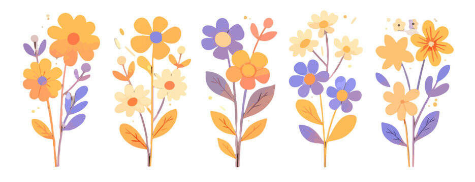 Illustrazione vettoriale di un set di bouquet floreali stilizzati con colori vivaci gialli, arancioni e viola, ideali per design con sfondo trasparente.
