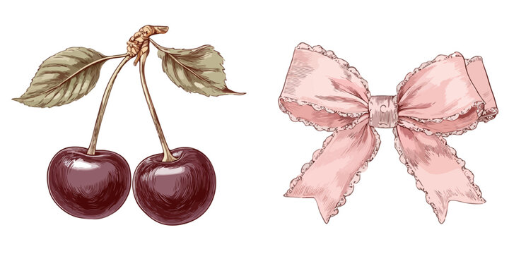 Illustrazione acquerello di dolci ciliegie rosse e un grazioso fiocco rosa, ideali per grafica e design su sfondo trasparente e decorazioni.