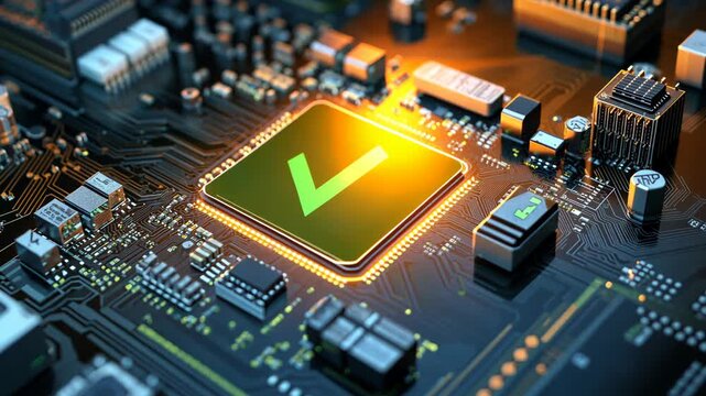 The depicts an intricate circuit board, characterized by a multitude of electronic components and traces, set against a dark background.