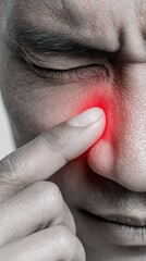 Close-Up of Man Touching Nose with Pain Expression and Red Light Focus