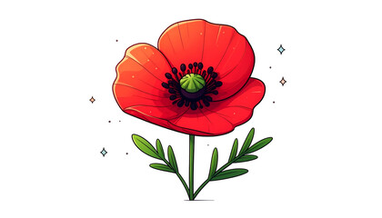 A vivid red poppy flower in full bloom, with green stem and leaves, on a stark black background