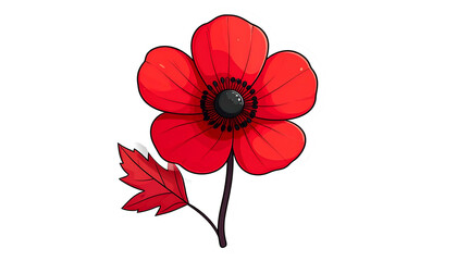 A vivid, stylized poppy flower with petals, a dark center, and a single leaf on a black background