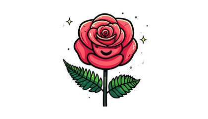 Whimsical cartoon rose with a smiley face, green stem, and fern leaves, on black
