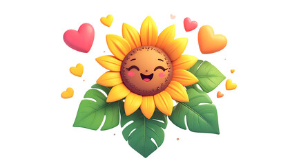 Cartoon sunflower with a smiling face, hearts, and leaves on a black background