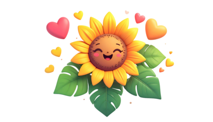 Cartoon sunflower with a smiling face, hearts, and leaves on a black background