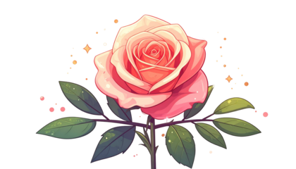 A stylized illustration of a blooming pink rose with green leaves and a black backdrop