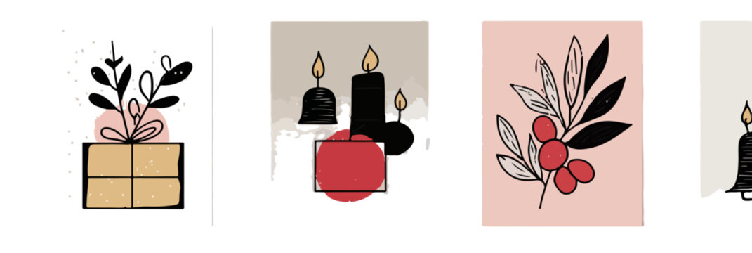 Set di illustrazioni vettoriali natalizie disegnate a mano con pacco regalo, candele e bacche, ideali per design moderno e trasparente.