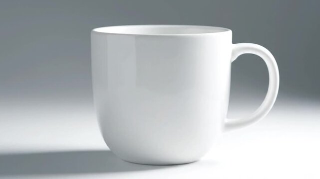 A smooth, white ceramic mug with a curved handle casts a soft shadow. Plain, simple design