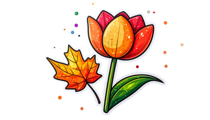 A stylized sticker featuring a vibrant orange tulip and a golden autumn leaf