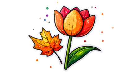 A stylized sticker featuring a vibrant orange tulip and a golden autumn leaf