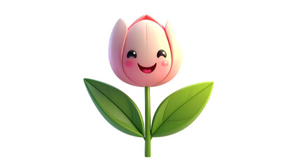 Cartoon tulip with a smiling face, pink petals, green stem and leaves against black