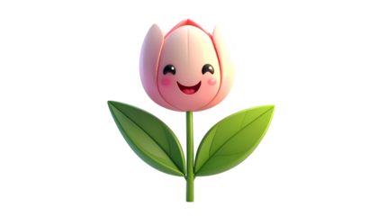 Cartoon tulip with a smiling face, pink petals, green stem and leaves against black