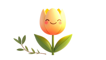 3D cartoon tulip with a smiling face, rendered on black background, with leaves