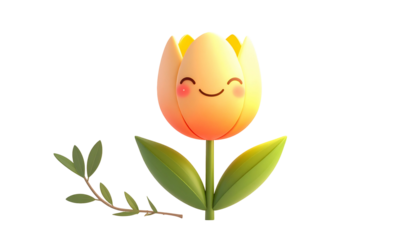3D cartoon tulip with a smiling face, rendered on black background, with leaves