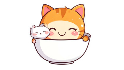 Cute cartoon kittens inside a bowl, smiling. One kitten is inside the other