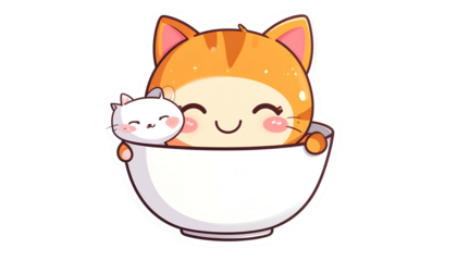 Cute cartoon kittens inside a bowl, smiling. One kitten is inside the other
