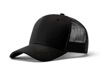 Black trucker hat, mesh back, curved brim. Solid front panel