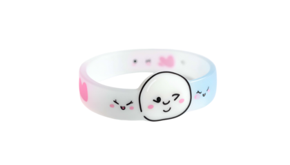 A smiling bracelet with cute cartoon faces and pastel gradients against a black background