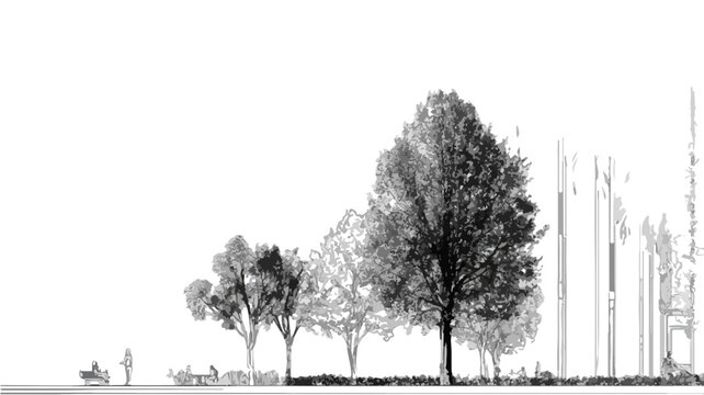 Rappresentazione digitale trasparente di alberi e figure umane in un paesaggio urbano stilizzato, con un'estetica minimalista.