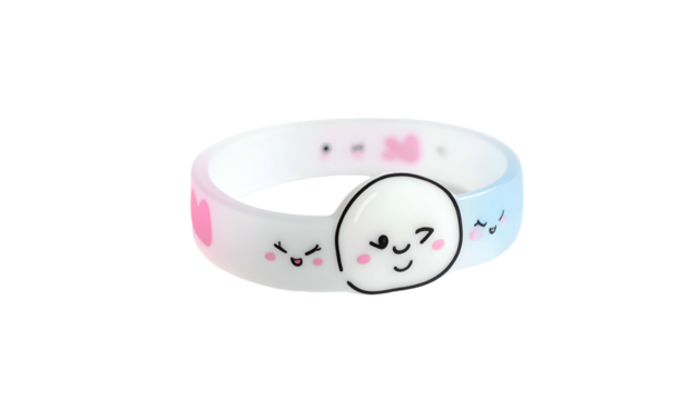 A smiling bracelet with cute cartoon faces and pastel gradients against a black background - Powered by Adobe