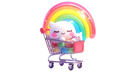 Adorable cartoon creatures ride in a shopping cart with a rainbow arch