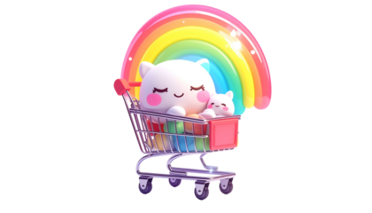 Adorable cartoon creatures ride in a shopping cart with a rainbow arch