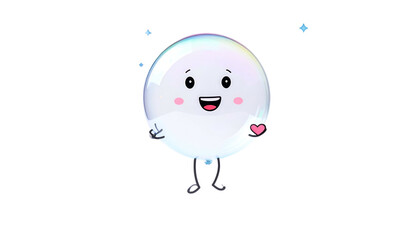 Cartoon bubble character with face, holding a heart, on a black background