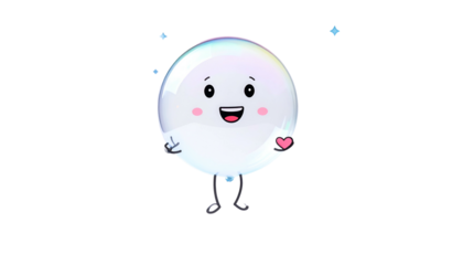 Cartoon bubble character with face, holding a heart, on a black background