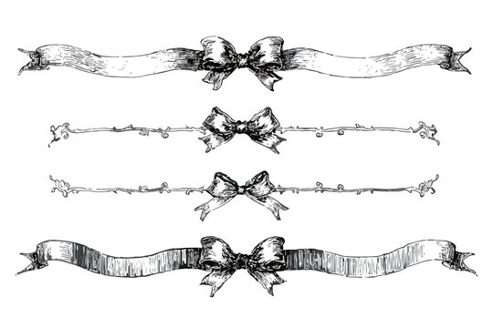 Set di eleganti nastri e fiocchi decorativi disegnati a mano con stile vintage, ideali come bordi e divisori trasparenti per un tocco classico.
