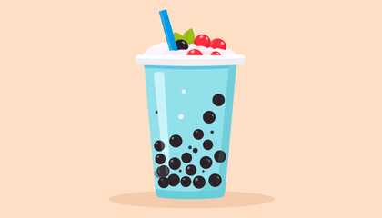 Refreshing Blue Bubble Tea with Berries and Straw.