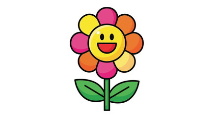 Colorful Cartoon Flower with Smiling Face and Green Leaves.
