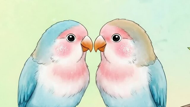 Animation love birds watercolor style romantic couple parrots on branch showing affection emotion for valentine celebration greeting background 