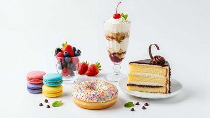 Assorted colorful desserts including macarons, donuts, and cake displayed on a white surface.