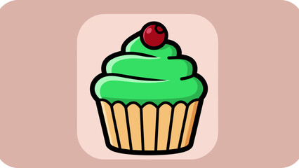 Whimsical Green Frosted Cupcake with Cherry Topping Illustration.