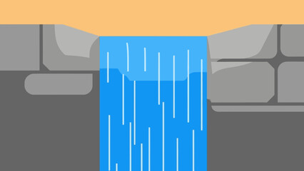 Cartoon Waterfall Cascading Over Stone Wall Illustration.