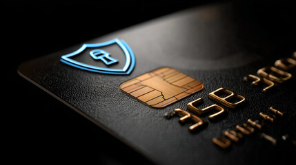 A black credit card featuring a metallic chip, a blue illuminated spy agency icon symbolizing security, and embossed numbers, emphasizing digital financial protection