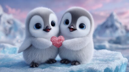 Charming illustration of two fluffy penguin chicks holding a sparkling heart on a snowy iceberg, perfect for themes of love, friendship, winter holidays, and children?s content.