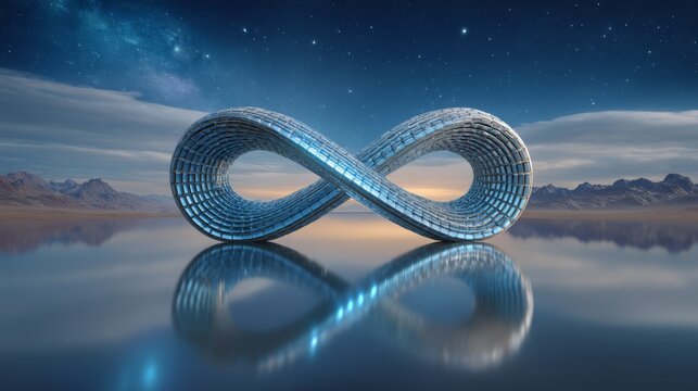 Reflective metallic infinity loop rises above mirror calm water with distant mountains and starry sky, symbolizing innovation, continuity, and limitless futuristic possibilities.