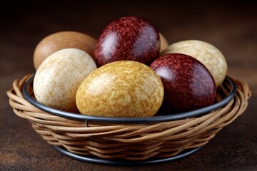 Obraz premium Close-up of a woven basket brimming with colorful speckled eggs on a dark surface, creating a warm, artisanal look perfect for Easter, food, or seasonal design projects.