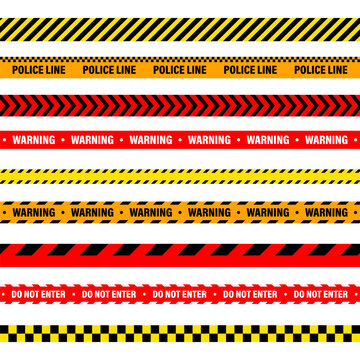 Barricade construction tape. Colorful police warning line, brightly colored danger or hazard stripe, ribbon. Restricted area, zone. Attention symbol. Vector illustration