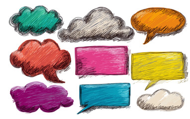 Fototapeta premium Zestaw przezroczystych, kolorowych dymków mowy i chmurek myśli, ręcznie rysowanych w stylu szkicu, do kreatywnej komunikacji wizualnej.