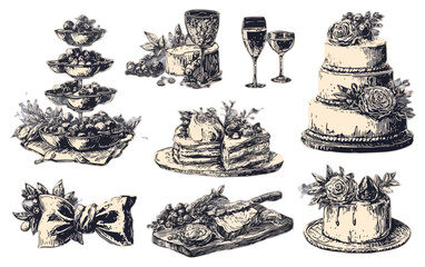 Kolekcja klasycznych ilustracji: ciasta, desery, wino i przekąski, idealne na eleganckie przyjęcia i bankiety.