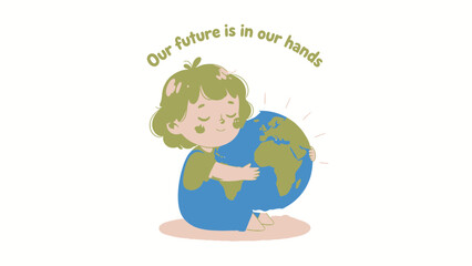 A young girl hugging the earth with a smile, conveying a sense of care and responsibility for the planet's future