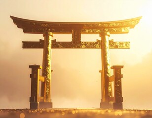 Sacred Golden Traditional Japanese Torii Gate with Mystical Sunlight and Auspicious Abstract Texture Representing Shinto Shrine Landscape