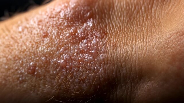Close-up of a person with a red skin condition on their arm. Appears to be a closed fever blister, possibly due to herpes virus.