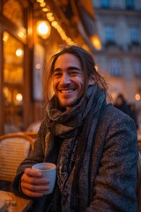 Young man enjoying a hot beverage while smiling at a cozy outdoor caf&eacute; in the late afternoon.
