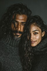Couple with long, curly hair, sharing a close moment together in a soft, intimate portrait